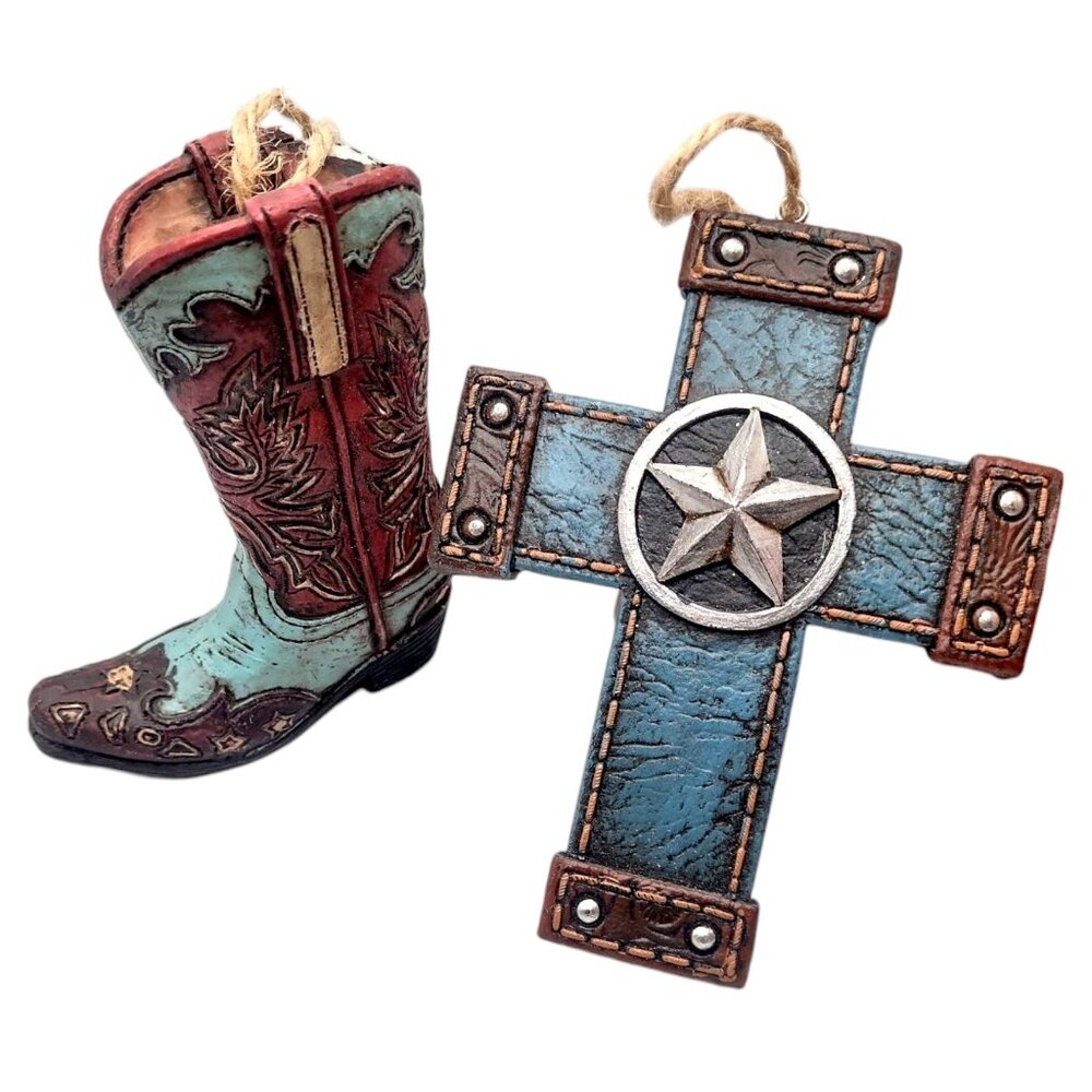 Western Cowboy Boot & Star Cross Hanging Ornaments Rustic Southwestern Texas